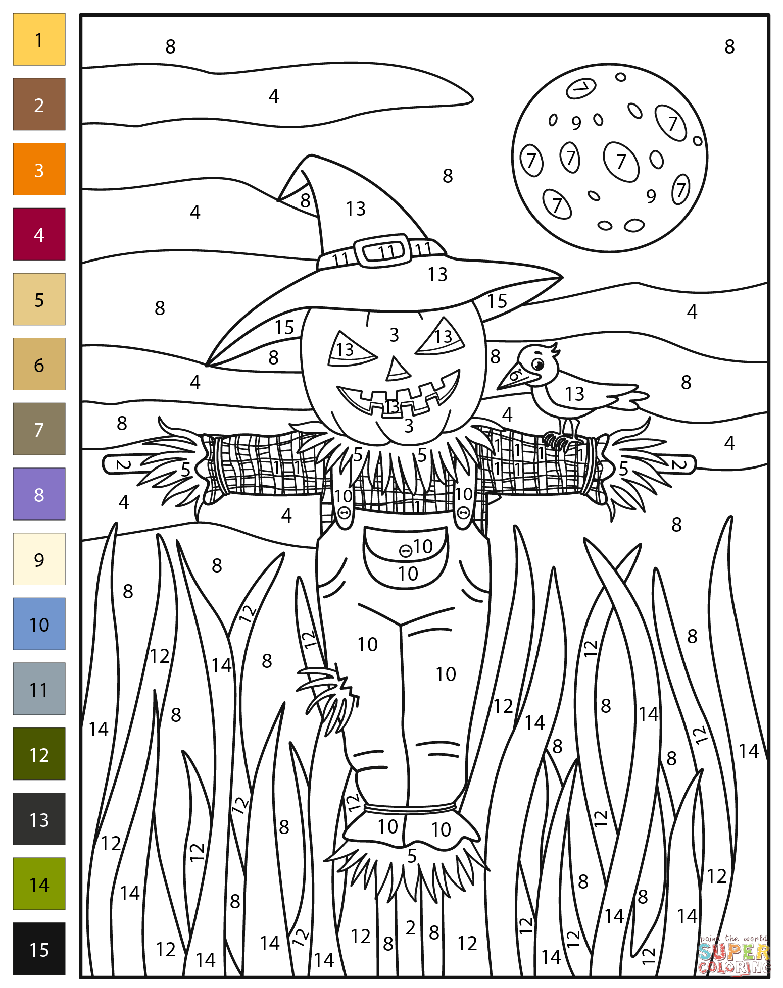 Scarecrow color by number free printable coloring pages