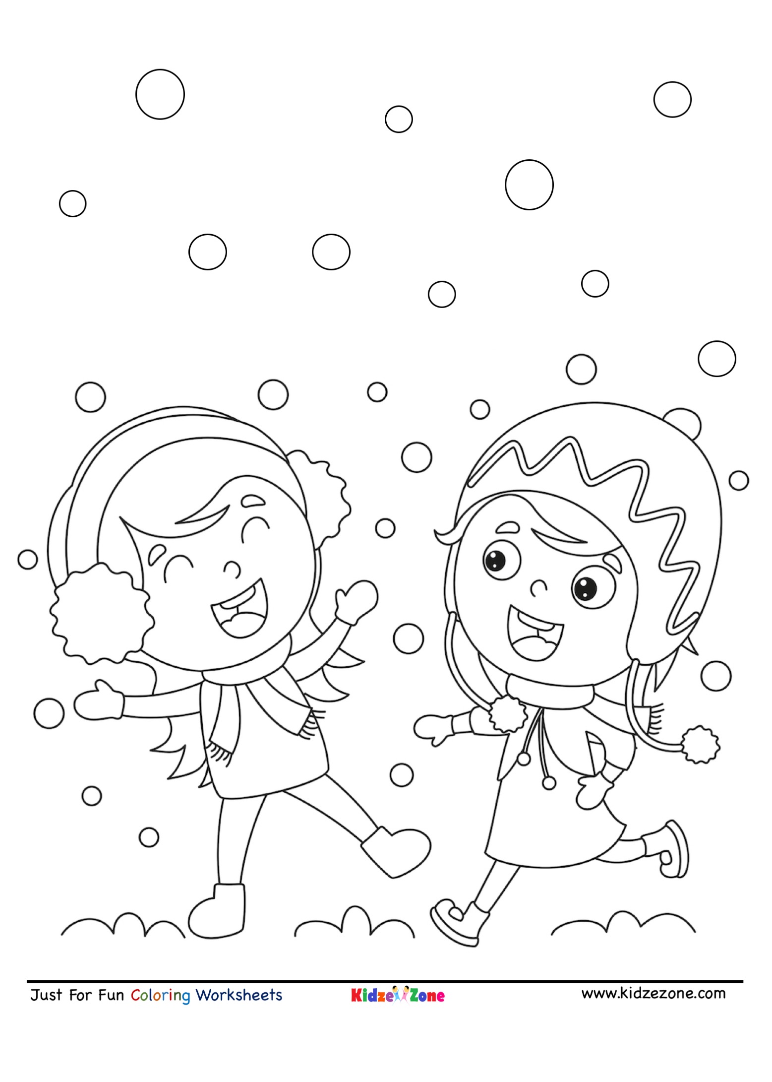 Kids playing in snow cartoon coloring page