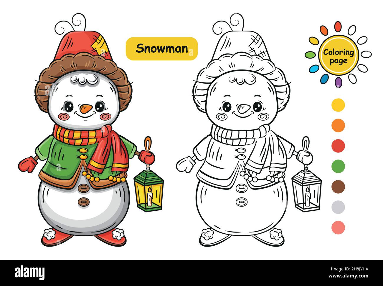 Winter snowman coloring page for preschool children ice snow man from snowballs with lantern kid education colouring book christmas character vector stock vector image art