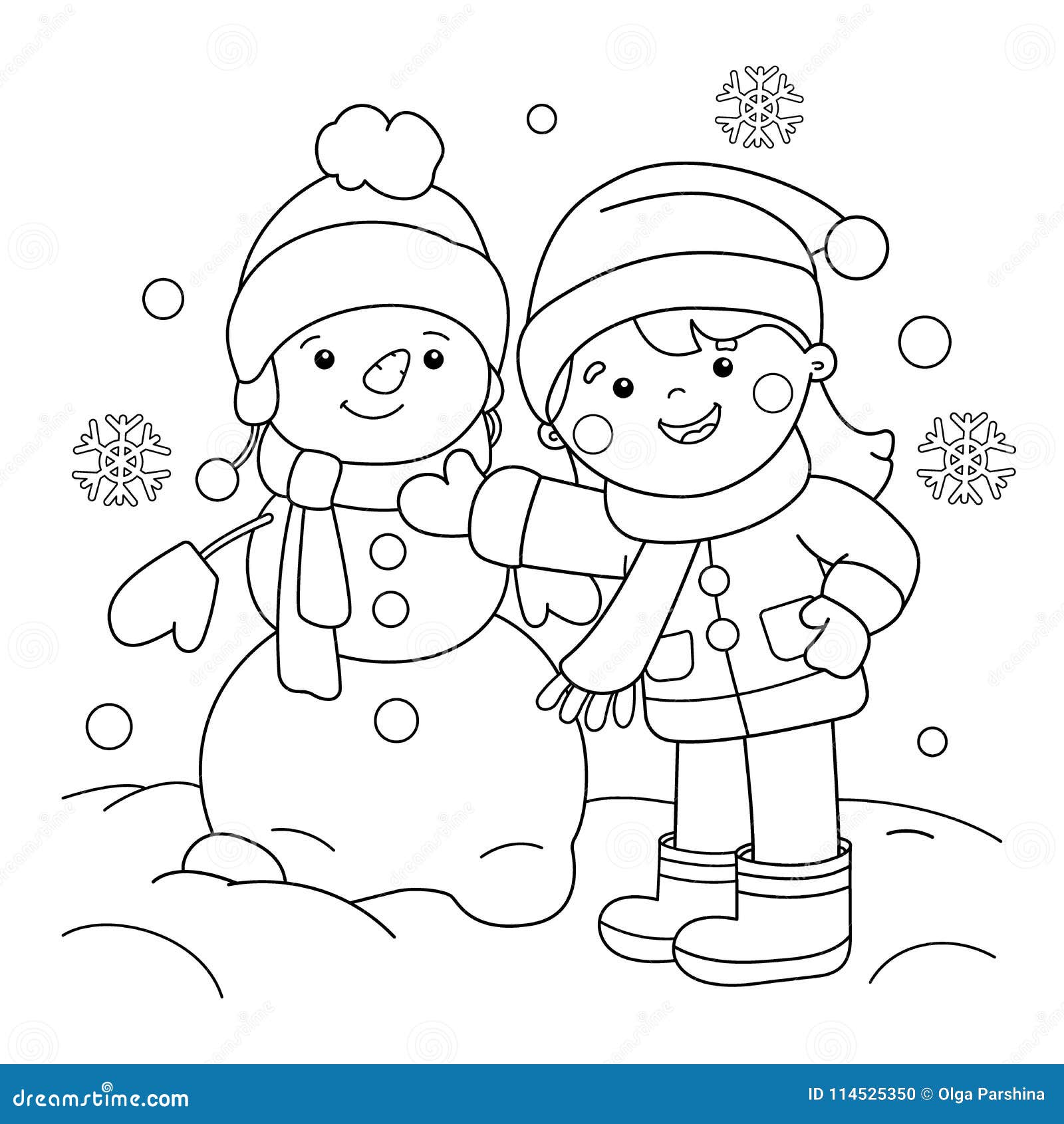 Coloring page outline of cartoon girl making snowman winter stock vector