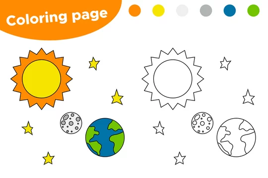 Printable coloring page with solar system cartoon sun earth and moon educational game for preschool kids space day vector illustration vector