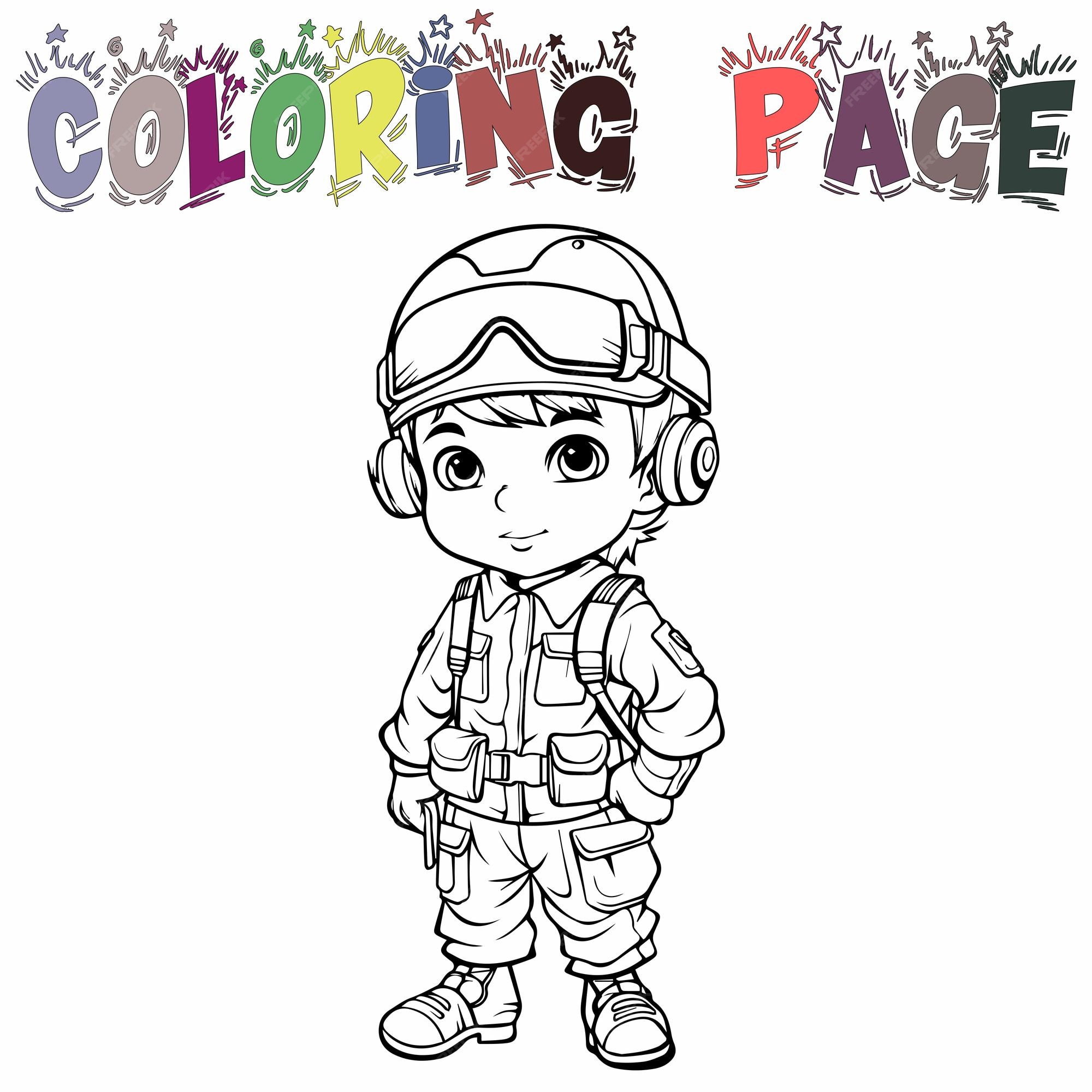 Premium vector kid wear military uniform for coloring book or coloring page for kids vector clipart illustration