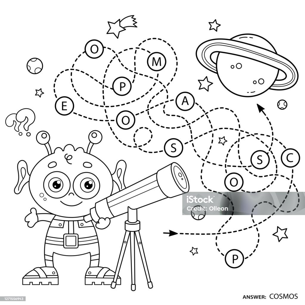 Maze or labyrinth game for preschool children puzzle tangled road coloring page outline of cartoon alien with telescope saturn space and astronomy coloring book for kids stock illustration