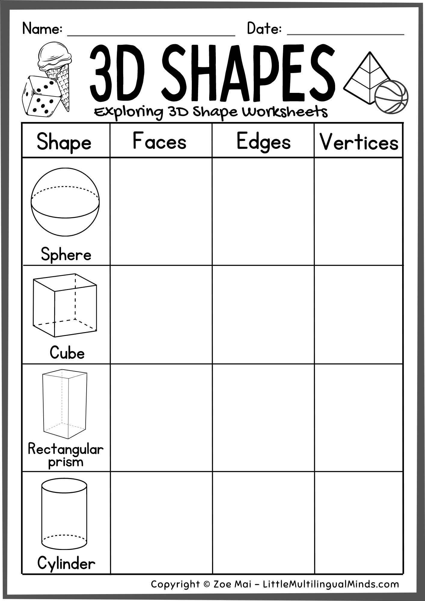 D shapes practice sheets for preschool pre