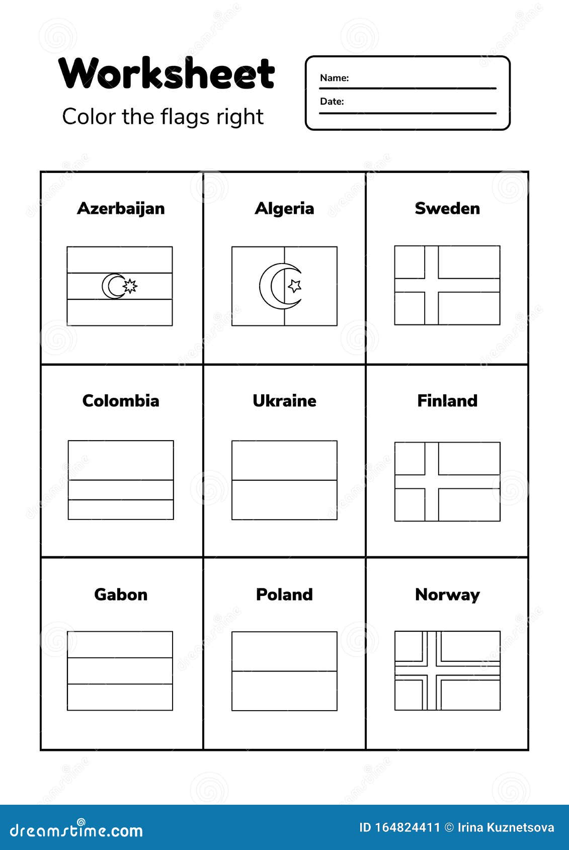 Worksheet on geography for preschool and school kids color the flags right stock illustration