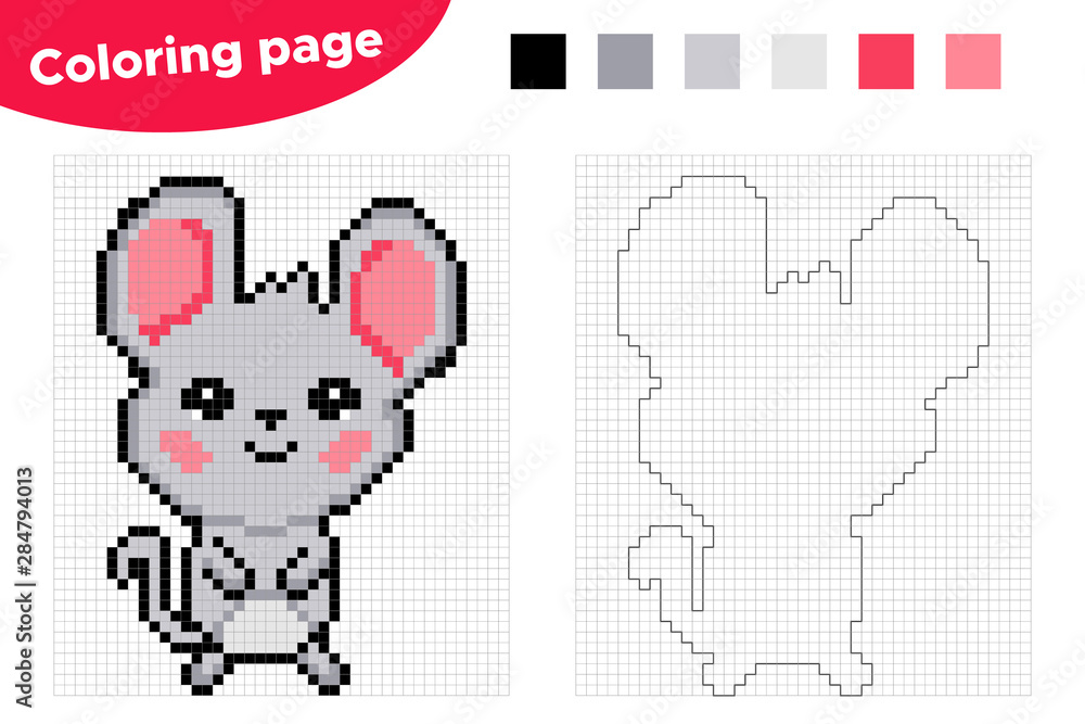 Pixel coloring page for children count and color the squares cute cartoon mouse activity worksheet for school and preschool kids educational game vector