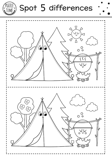 Premium vector camping find differences game for children black and white activity and coloring page with cute smiling kawaii tent sun boiler summer camp or road trip printable worksheet with funny