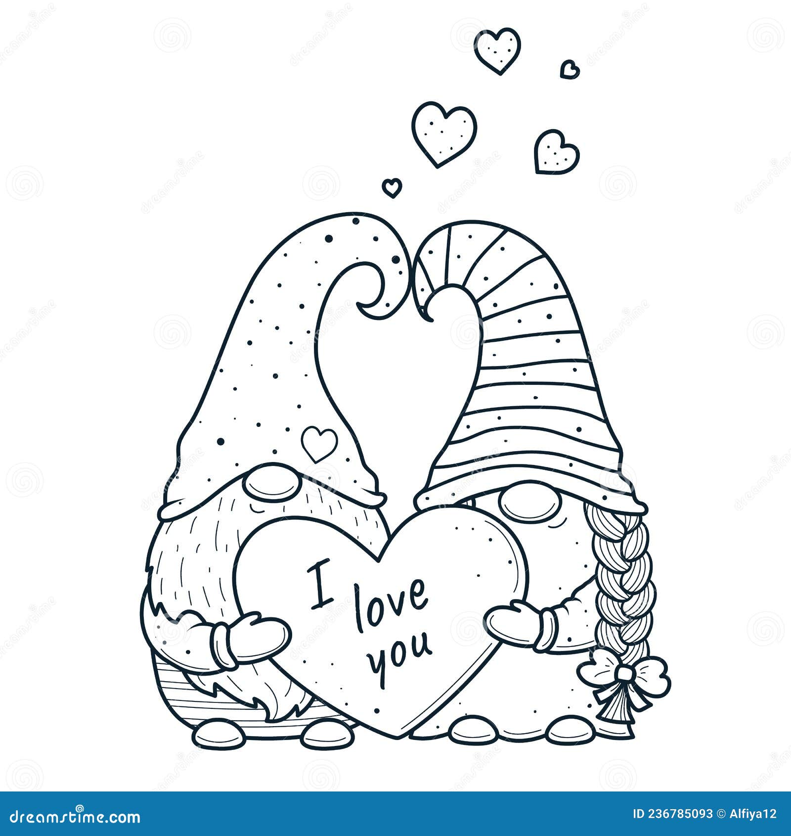 Cute valentine gnomes gnomes with hearts for coloring bookline art design for kids coloring page stock illustration