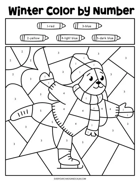 Free winter color by number worksheets for kids