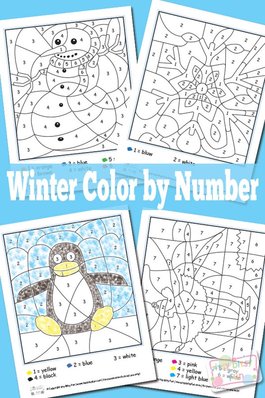 Winter color by numbers worksheets