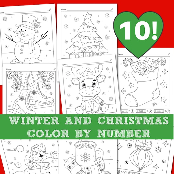 Winter christmas color by number printables teach numbers and colors preschool and kindergarten worksheets