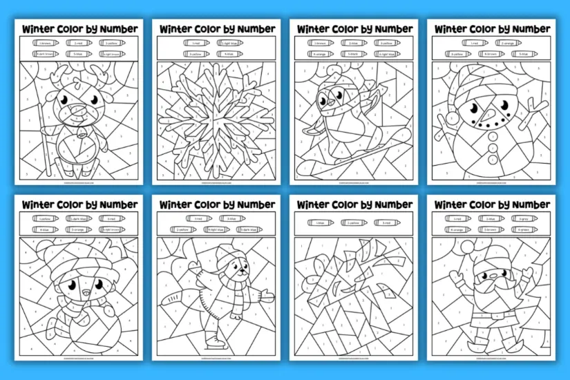 Free winter color by number worksheets for kids