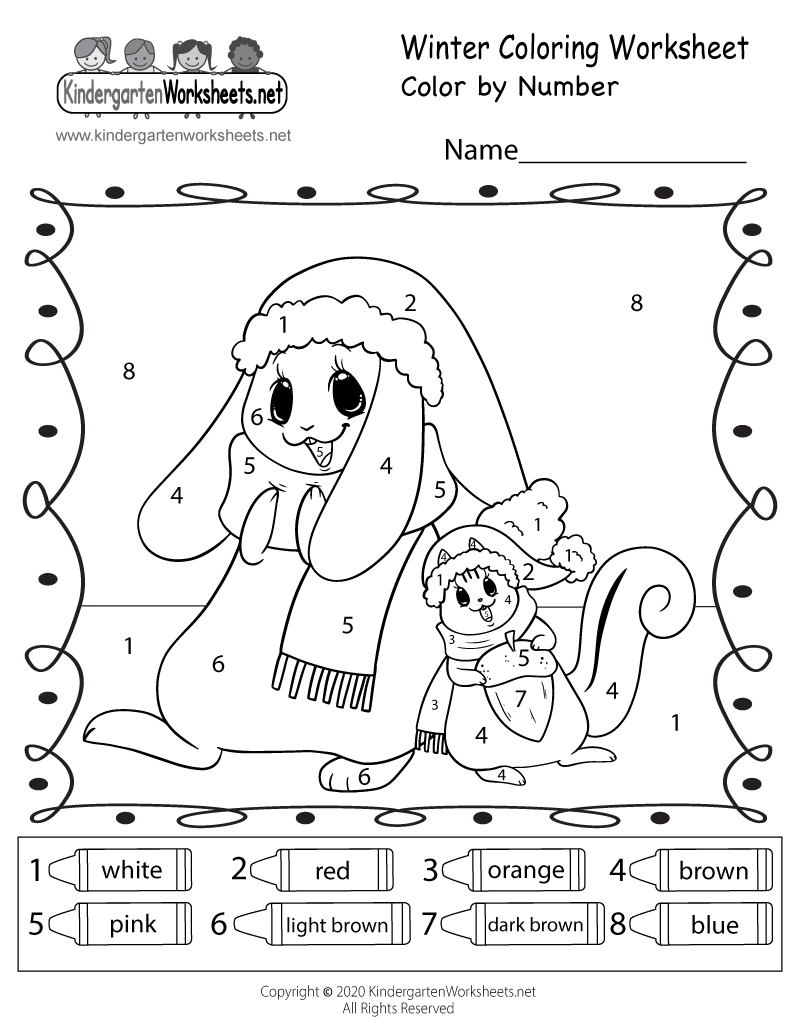 Free printable winter color by number worksheet