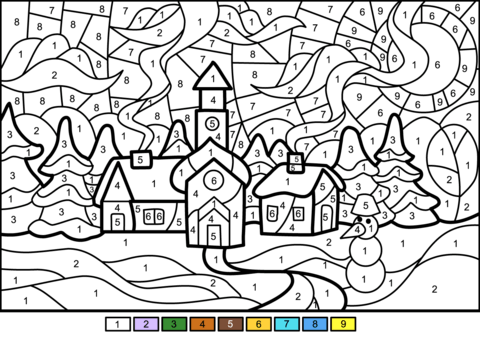 Winter town color by number free printable coloring pages