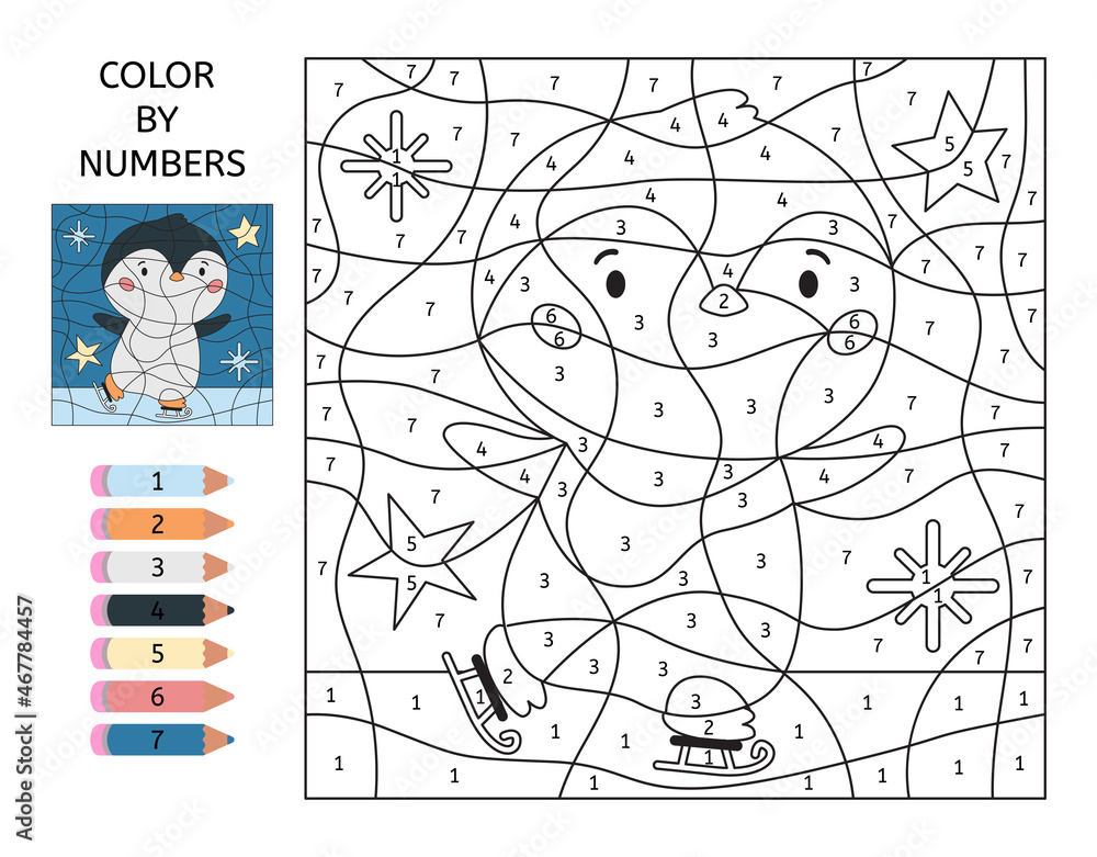 Color by number cute cartoon penguin on skates educational game for preschool children learn numbers winter coloring page activity worksheet kawaii animal vector