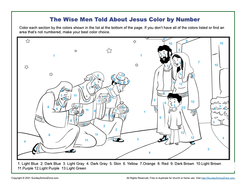 Color by number bible coloring pages on sunday school zone