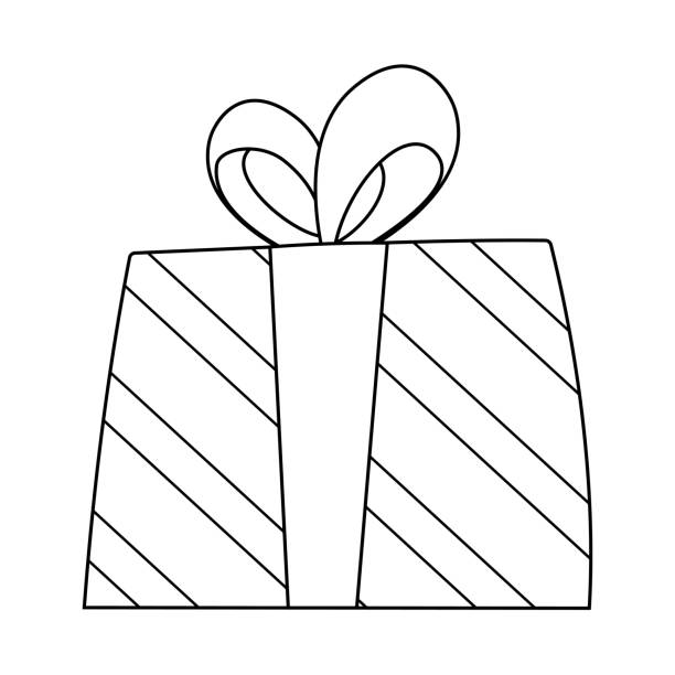 Colorless striped gift box with bows and ribbon cute cartoon box for holiday black and white template page for coloring book with present box practice worksheet or antistress coloring page for kids