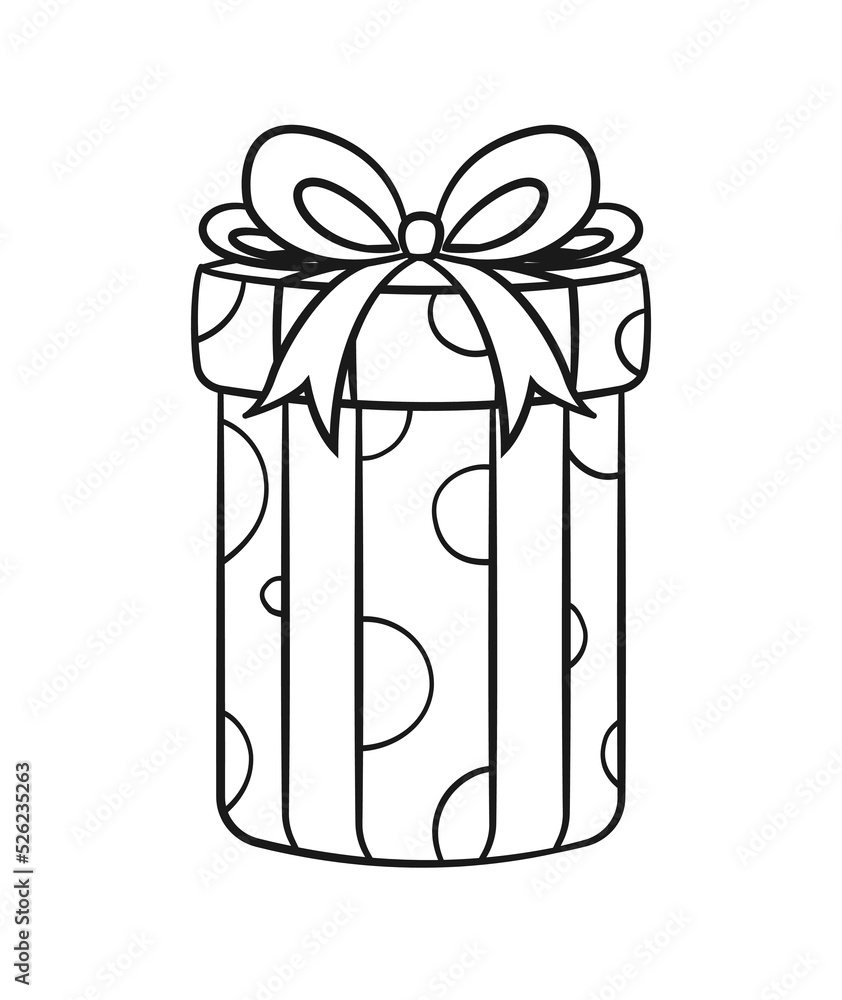 Round gift box with polka dots and bow cartoon christmas or birthday present illustration outline coloring book page printable activity worksheet for kids vector