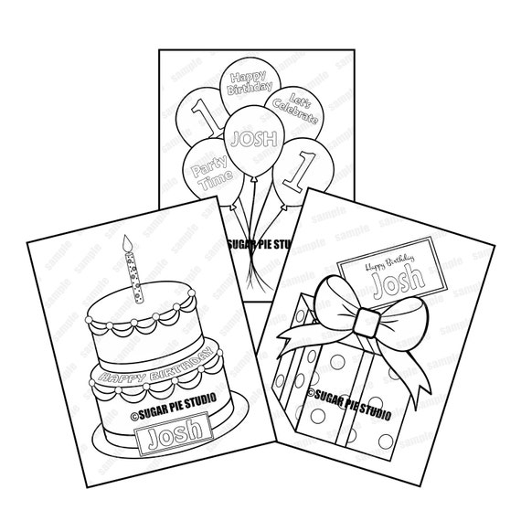 Pack personalized printable cake present balloons birthday party favor childrens kids coloring pages activity pdf or jpeg file