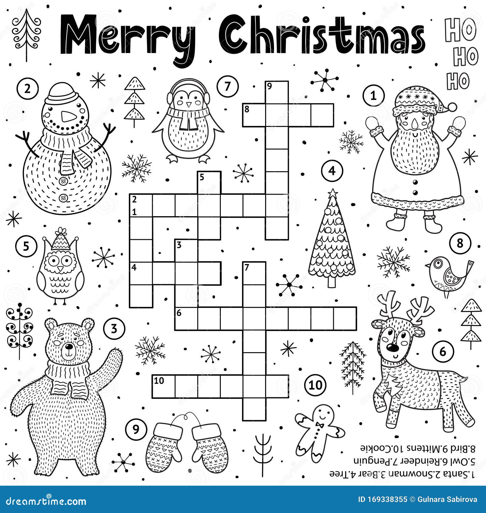 Merry christmas crossword game for kids black and white educational activity page for coloring stock vector