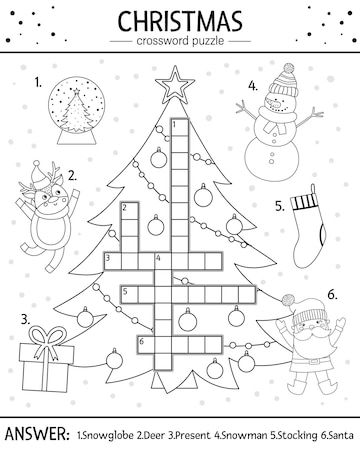 Premium vector vector christmas black and white crossword puzzle for kids simple quiz with winter holiday objects for children educational activity or coloring page with traditional new year elements