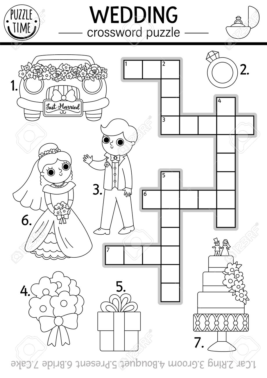 Vector black and white wedding crossword puzzle for kids simple line marriage ceremony quiz or coloring page matrimony activity with bride and groom family holiday cross word royalty free svg cliparts vectors