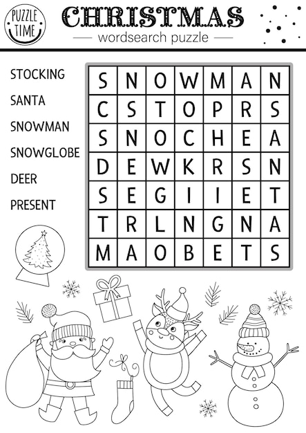 Premium vector vector black and white christmas wordsearch puzzle for kids simple new year crossword with santa stocking snowman snow globe present for children educational winter holiday keyword activityxa