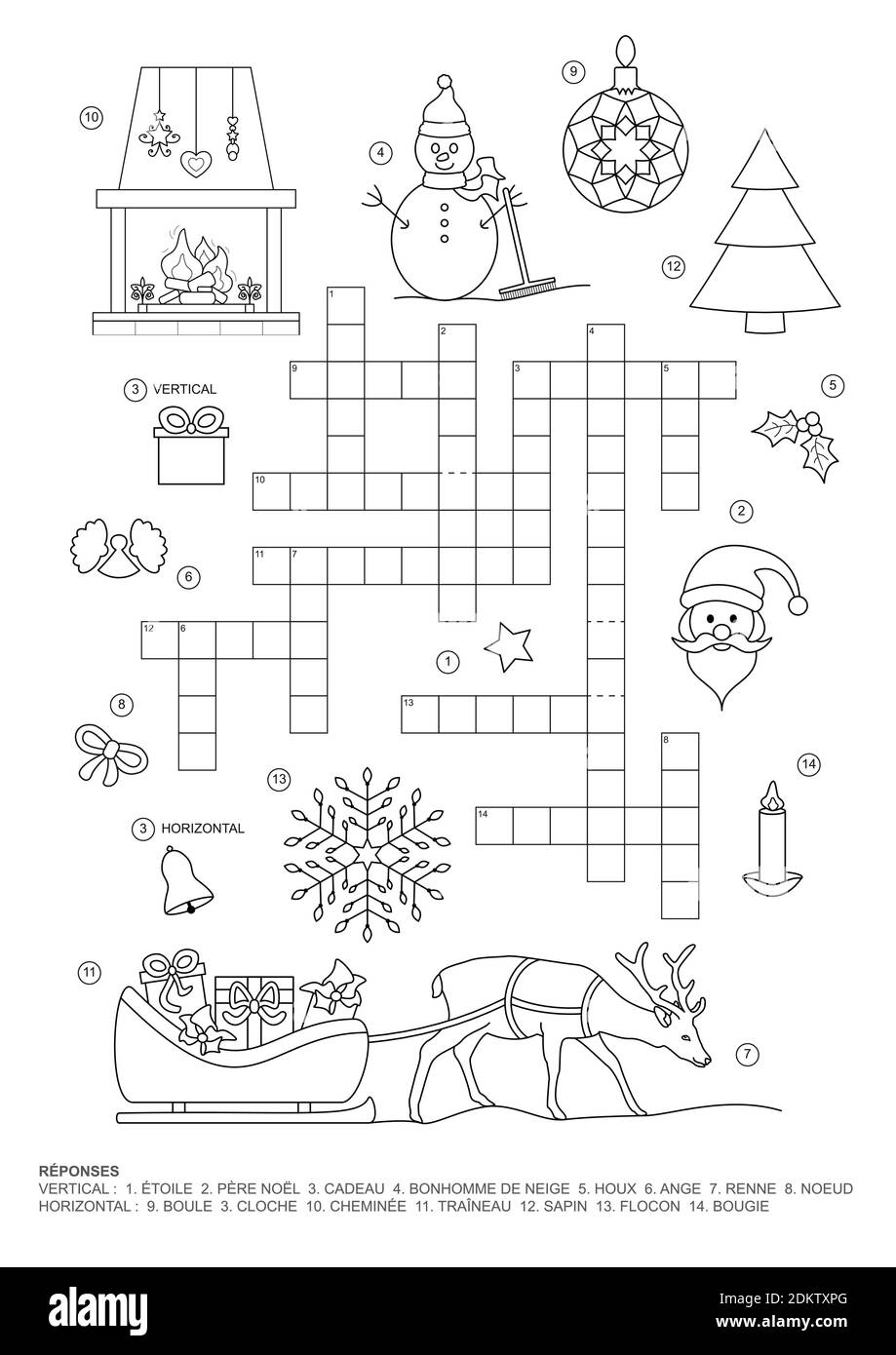 Crossword puzzle this christmas theme crossword puzzle game is for kids game and coloring page french language vector illustration stock vector image art