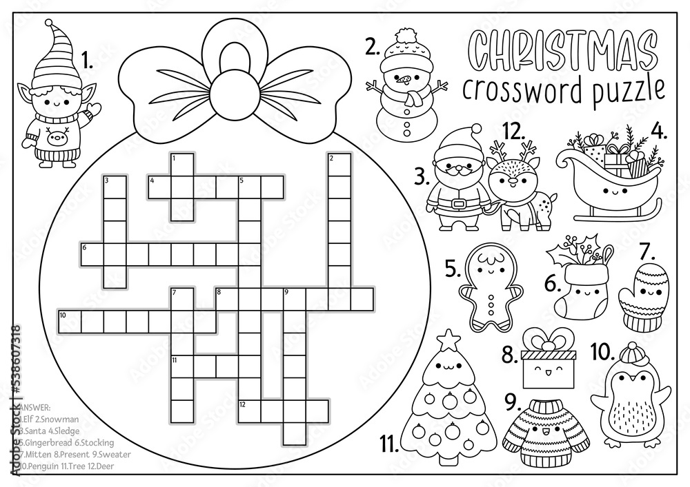 Vector christmas black and white ball shaped crossword puzzle for kids winter kawaii line holiday quiz for children educational activity or coloring page cute new year english language cross word