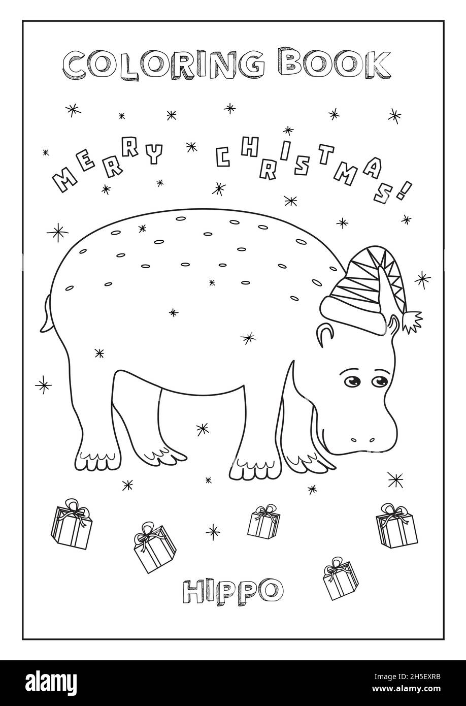 Kids coloring book merry christmas with hippo presents and snow ready to print paper format a black and white made in vector stock vector image art