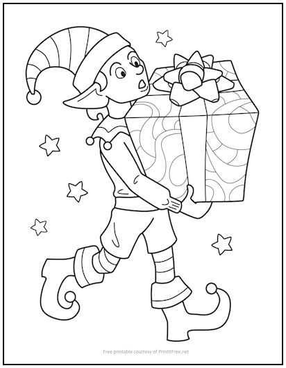 Elf with present coloring page print it free