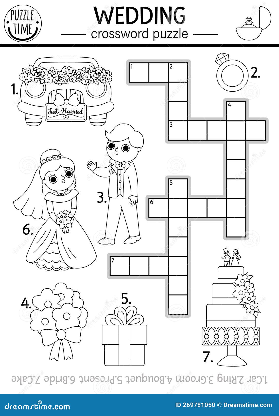 Vector black and white wedding crossword puzzle for kids simple line marriage ceremony quiz or coloring page stock vector