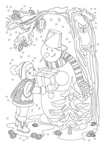 A little girl and a snowman with a present coloring page free printable coloring pages