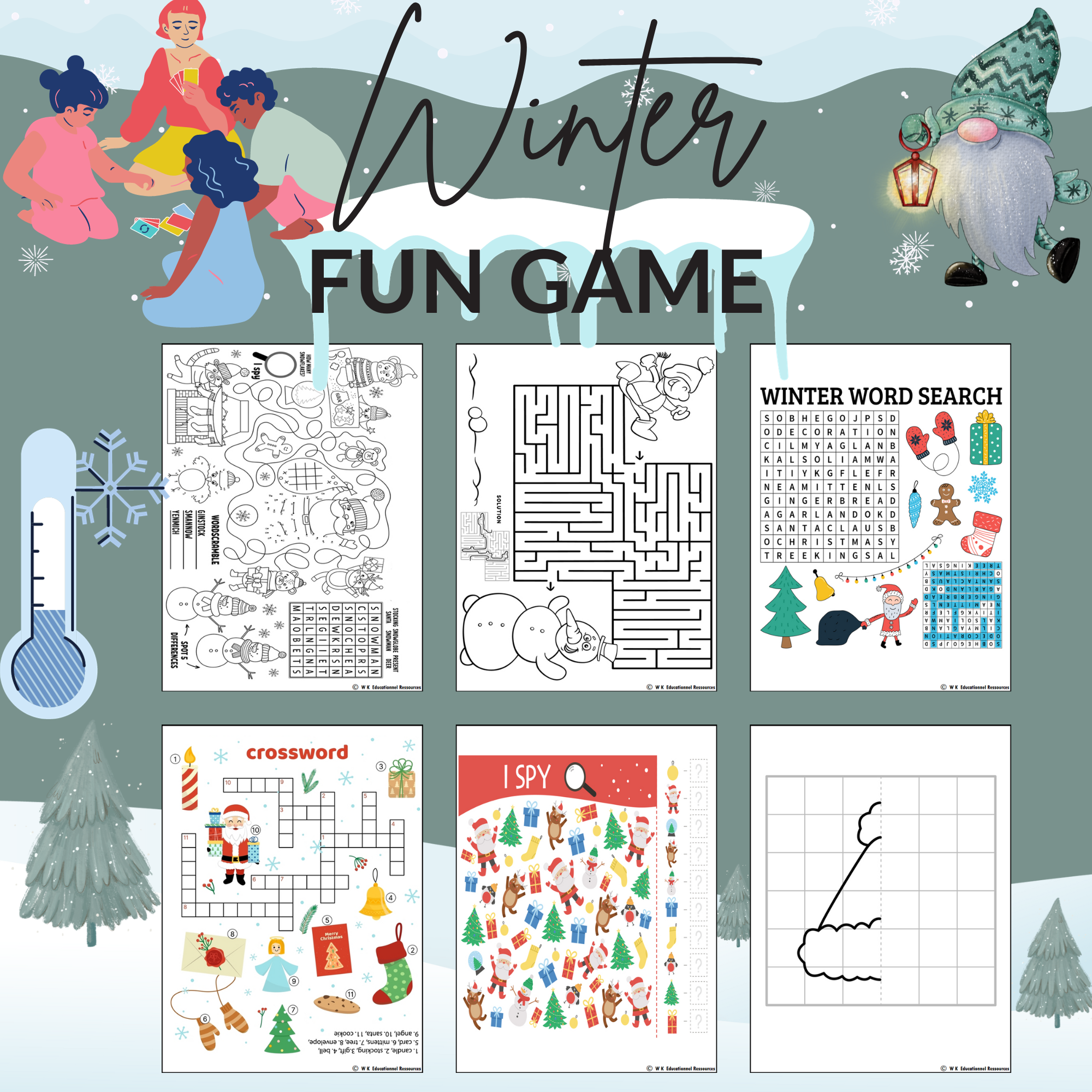 Winter game puzzle maze crossword word search i spy drawing december activity made by teachers