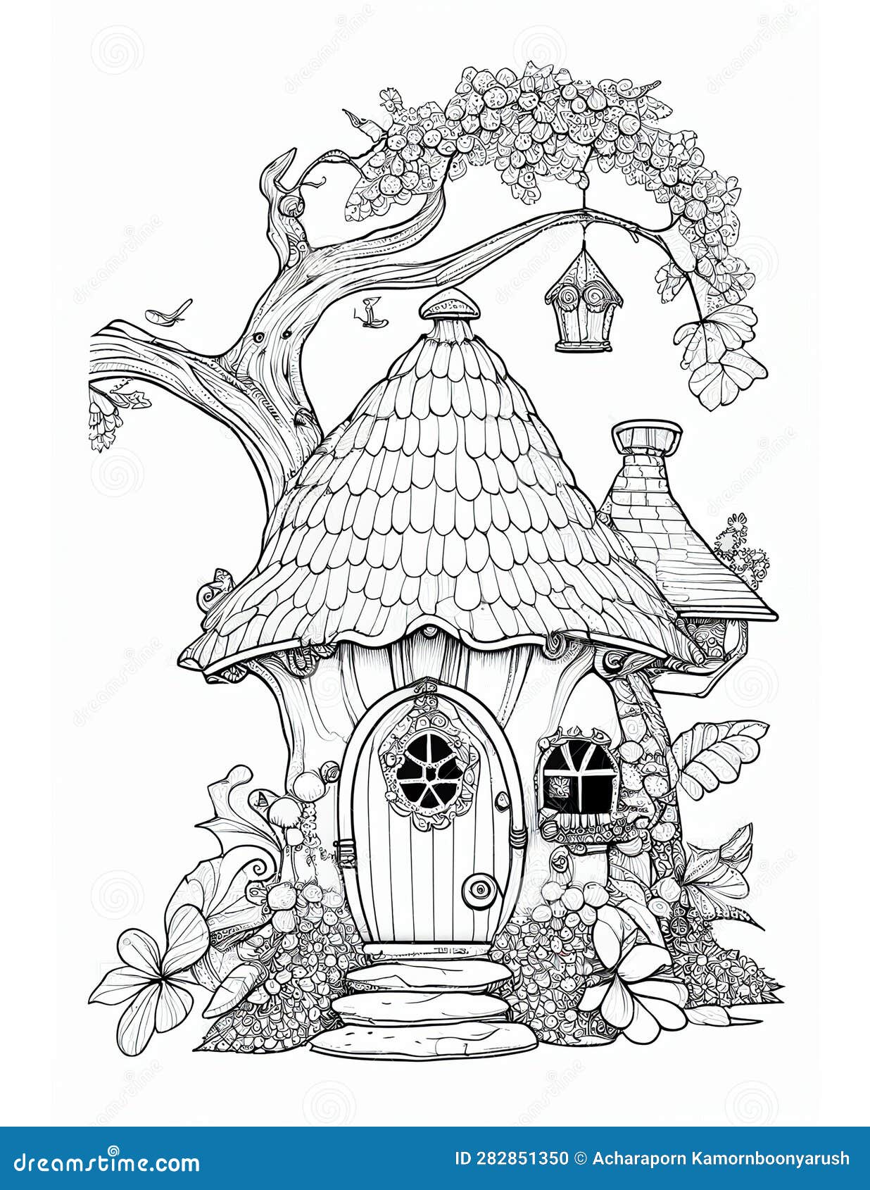 Cute fairy cottage coloring book kids adult coloring pages stock illustration