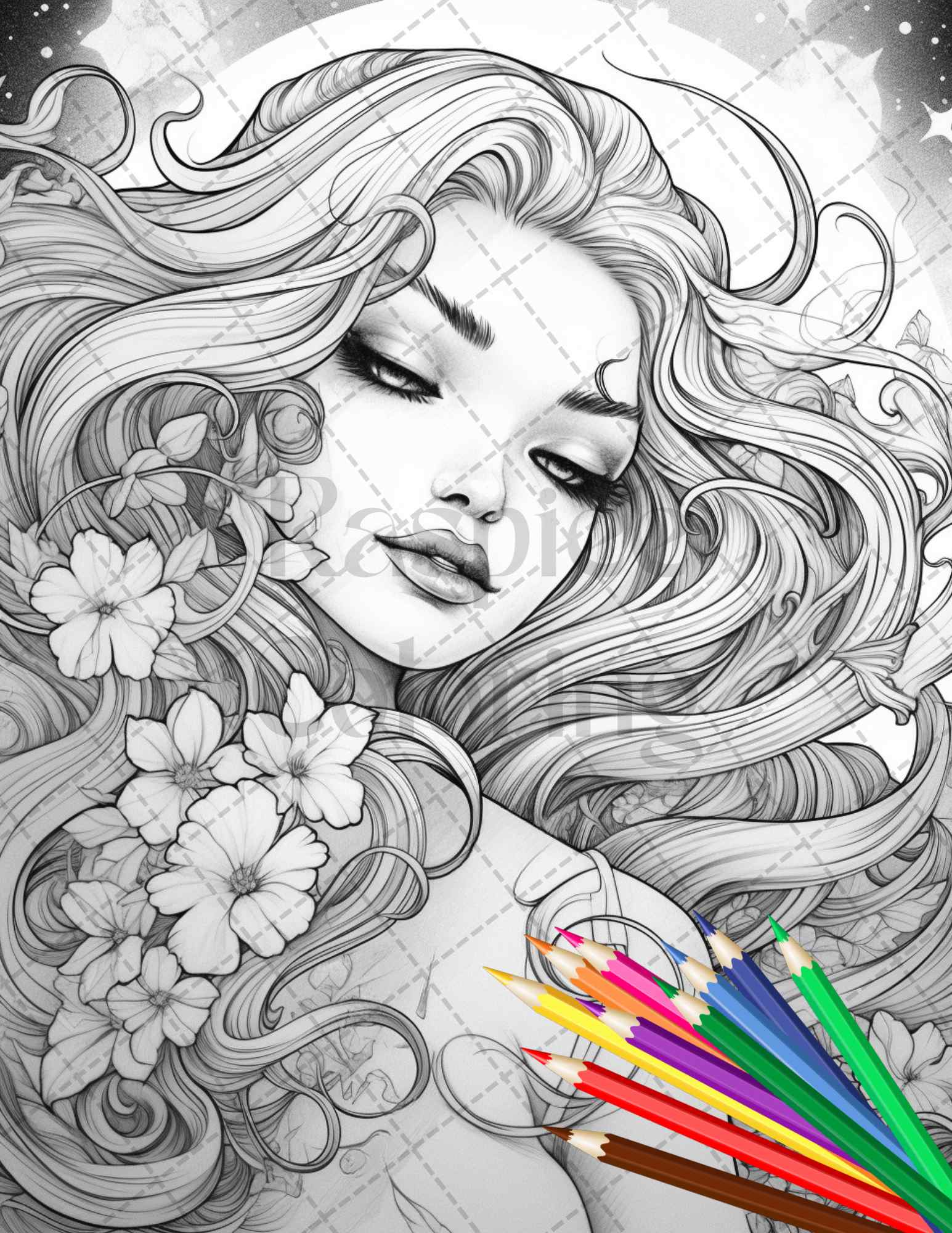 Beautiful moon fairies grayscale coloring pages printable for adult â coloring