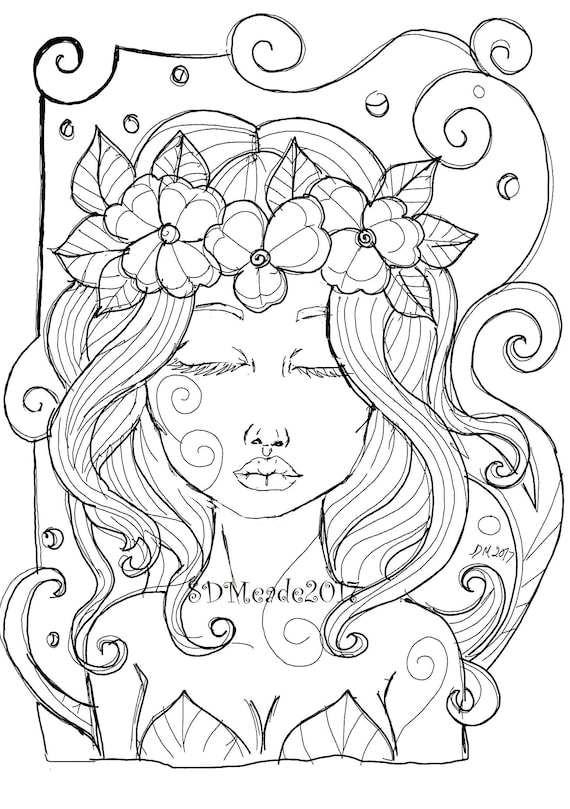 Blooming printable adult coloring page pretty girl flower crown