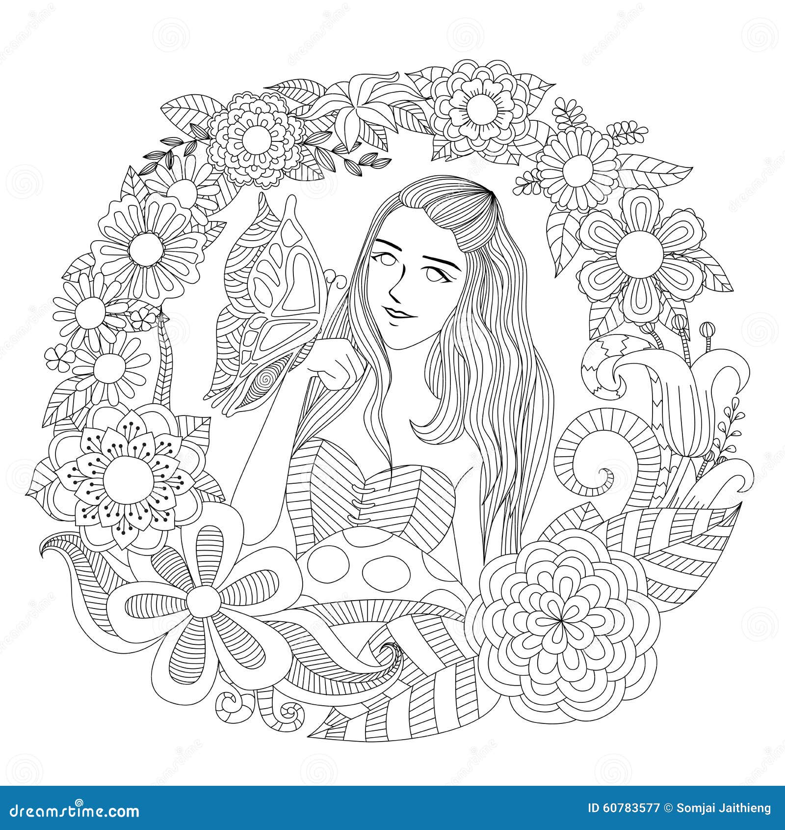 Pretty girl playing with butterfly in the flowers garden line art for coloring page for adult stock vector