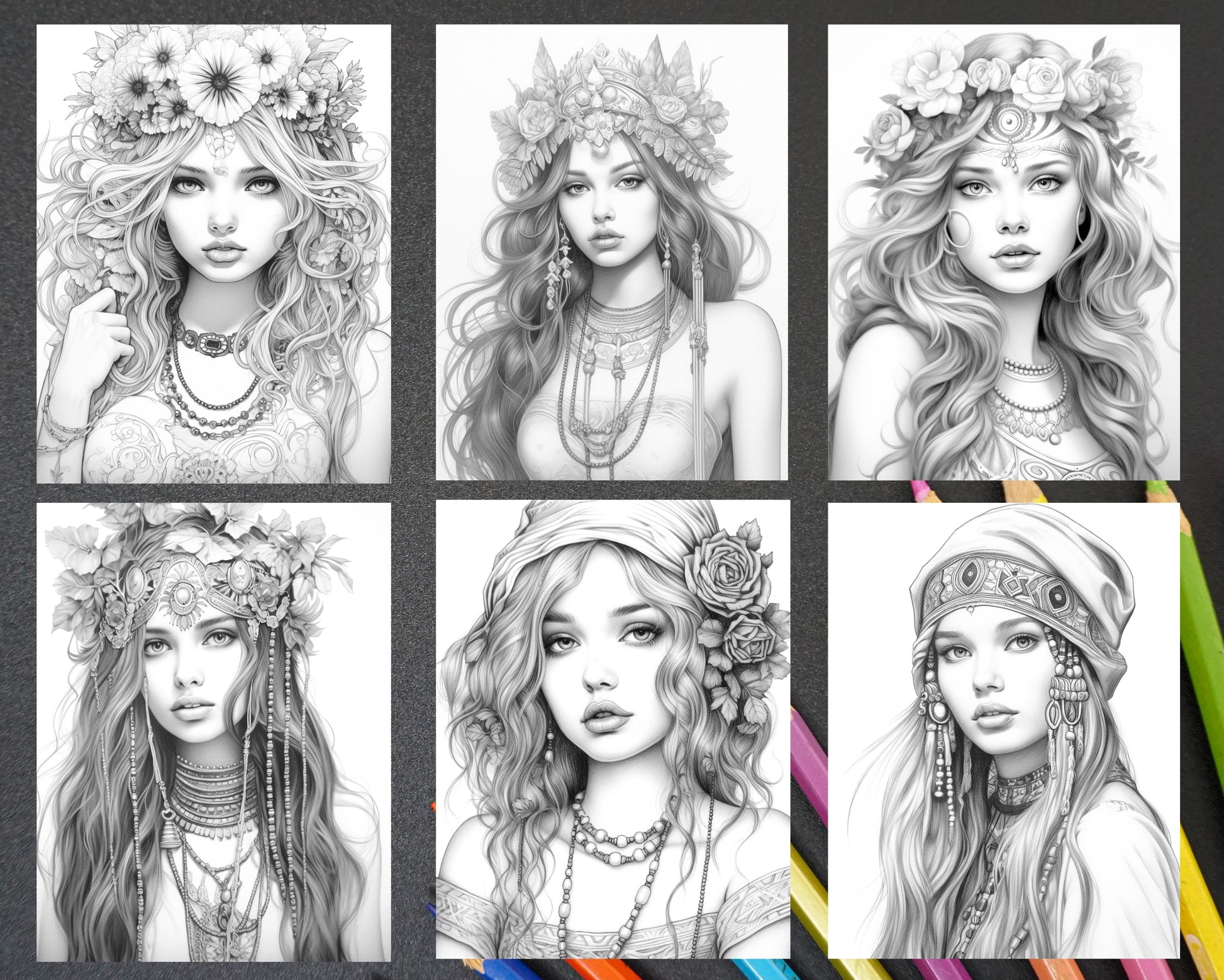 Beautiful hippie girls grayscale coloring pages printable for adult â coloring