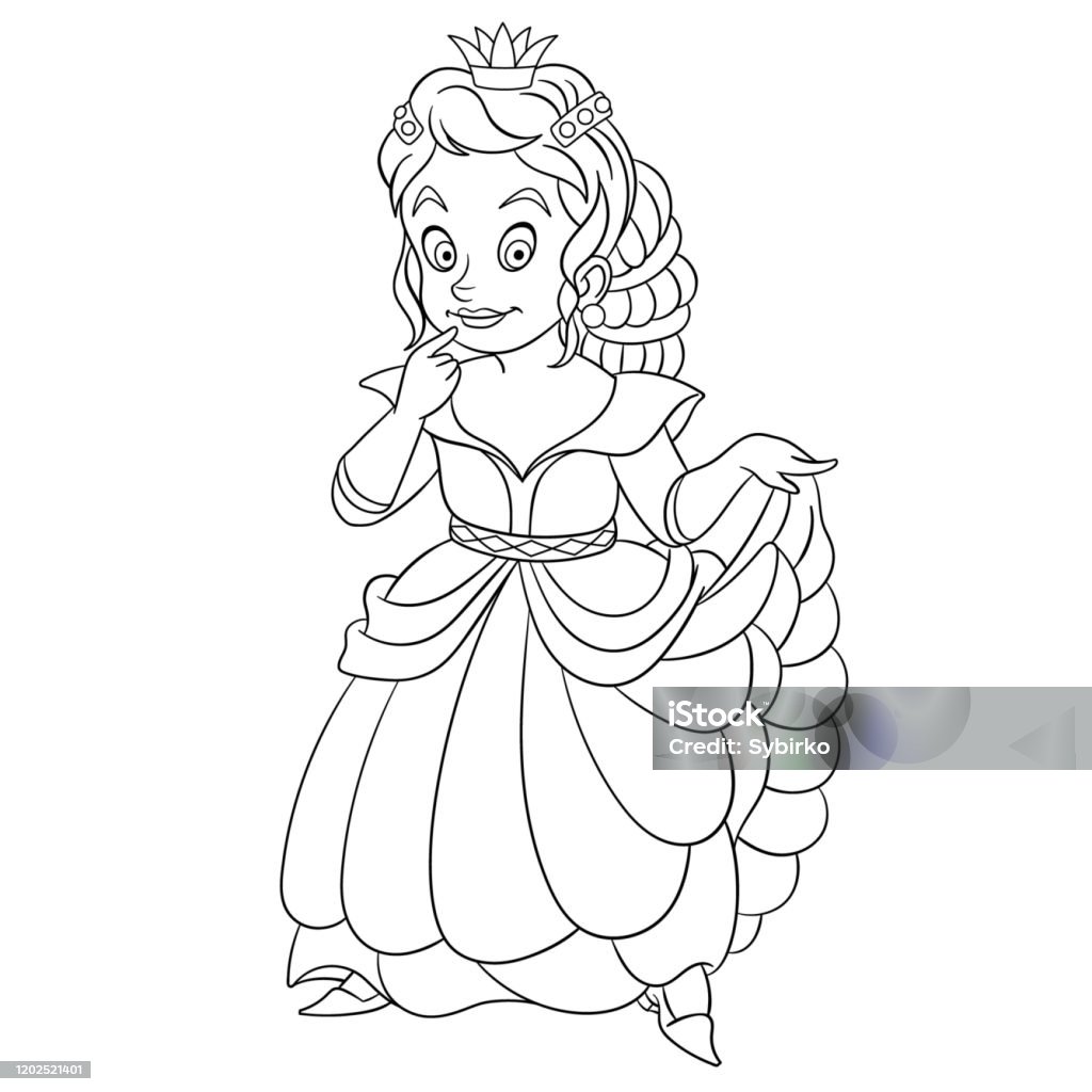 Coloring page of cartoon pretty princess stock illustration