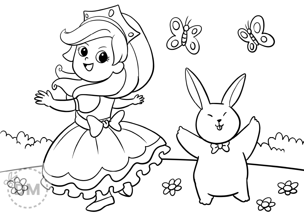 Pretty princess and rabbit coloring page