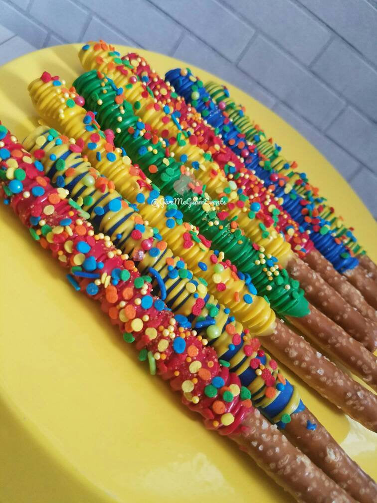 Chocolate covered dipped pretzel rods treats dozen ct â give me glam events creations