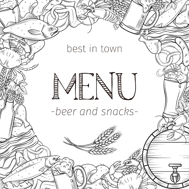 Premium vector pub food and beer hand drawn template frame and page design alcohol and snacks poster with crab lobster shrimp fish chicken wings and legs pretzel and nachos for