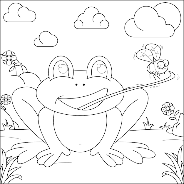 Premium vector frogs prey on insects suitable for childrens coloring page vector illustration