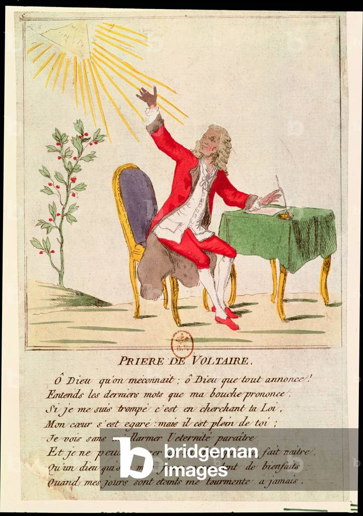 Image of the prayer of voltaire coloured engraving by french school th century