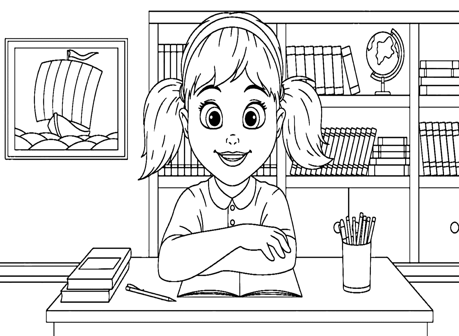 Student girl on first day of school coloring sheet