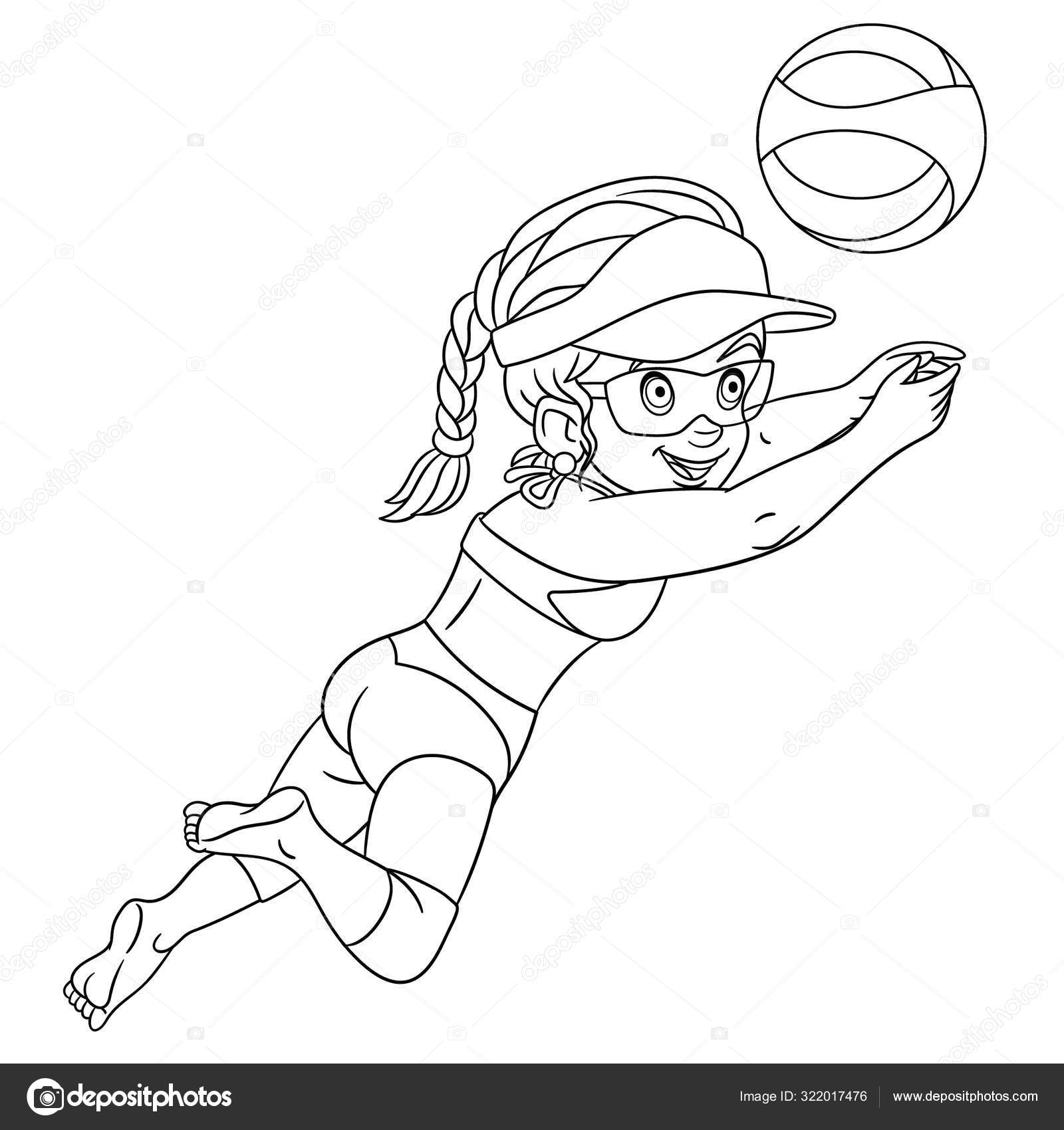 Pãgina para colorear con chica jugando voleibol vector de stock por sybirko