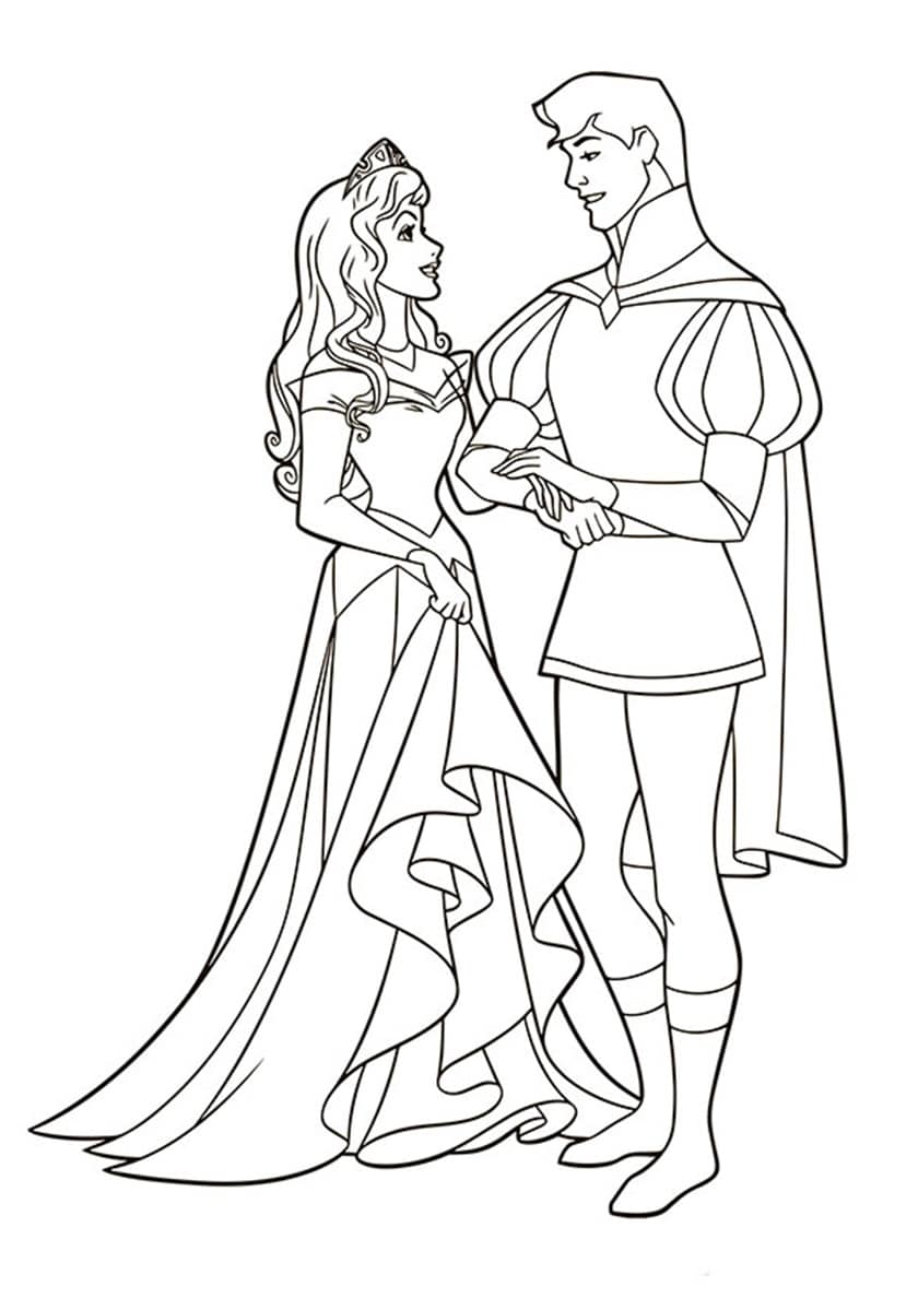 Aurora and the prince being happy coloring page