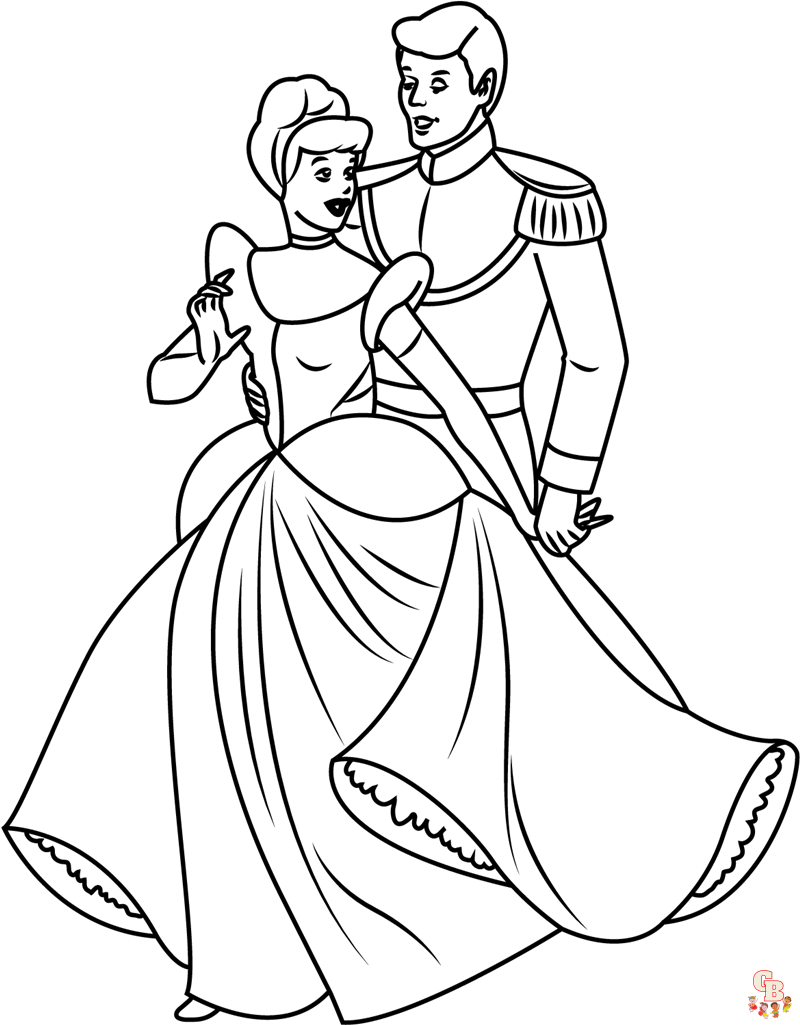 Cinderella with prince charming coloring pages printable to print