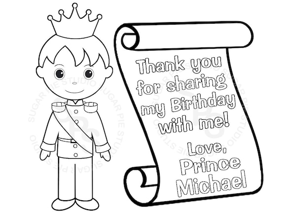 Personalized prince coloring page birthday party favor